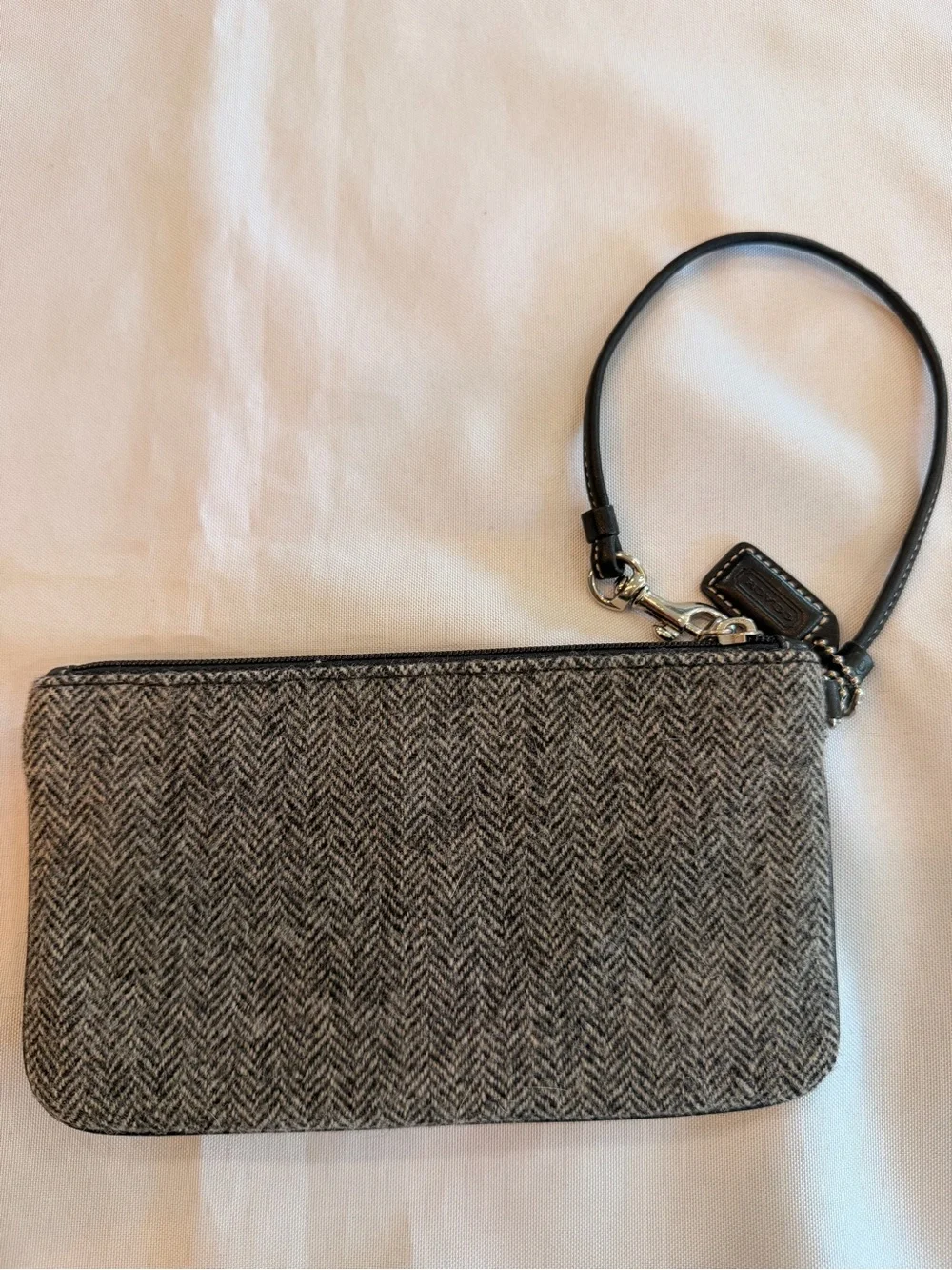 Vintage Coach Herringbone Woolen Tweed Wristlet with Black Leather Trim